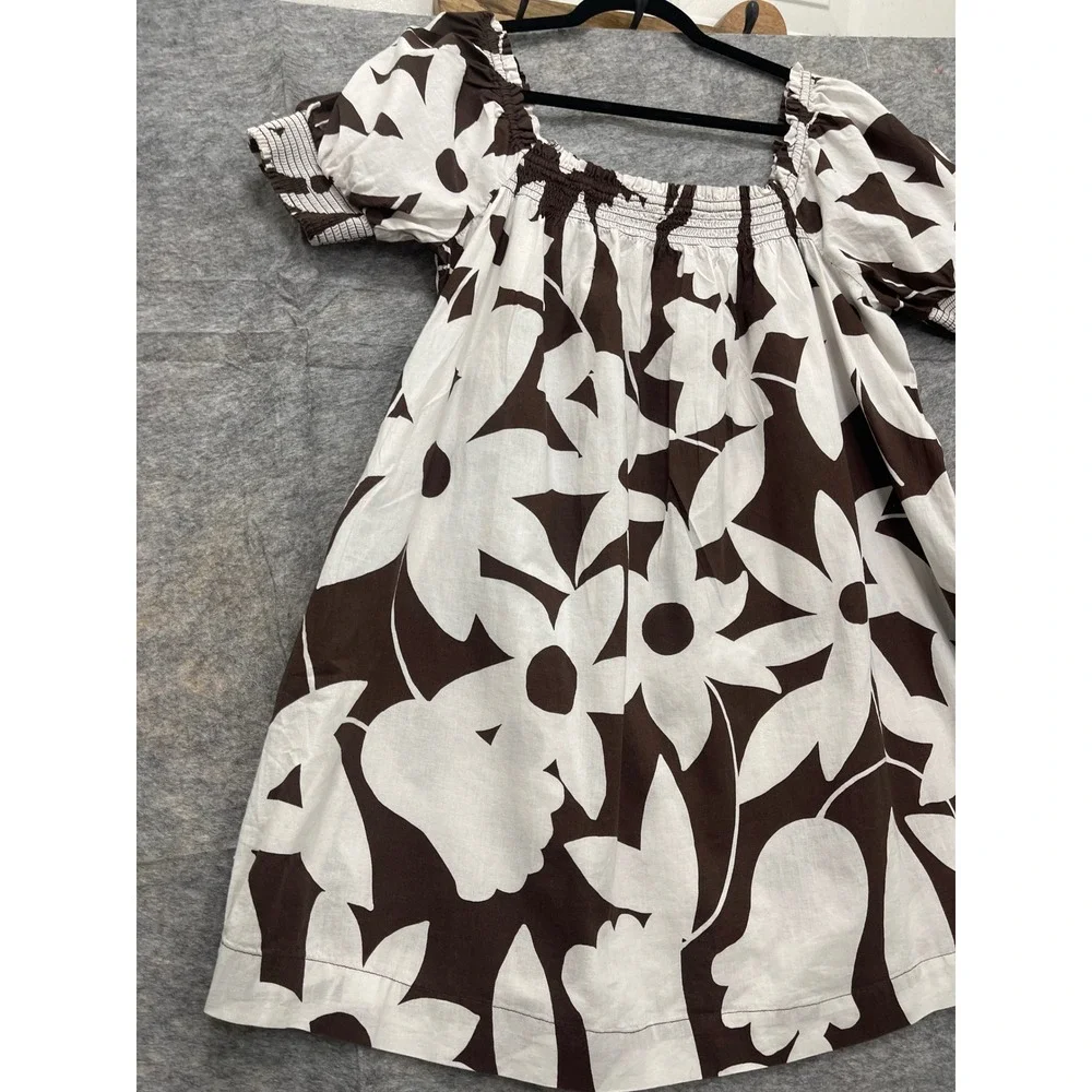 Free People Brown White Floral Smocked Puff Sleeve Mini Dress with Pockets - Picture 11 of 14